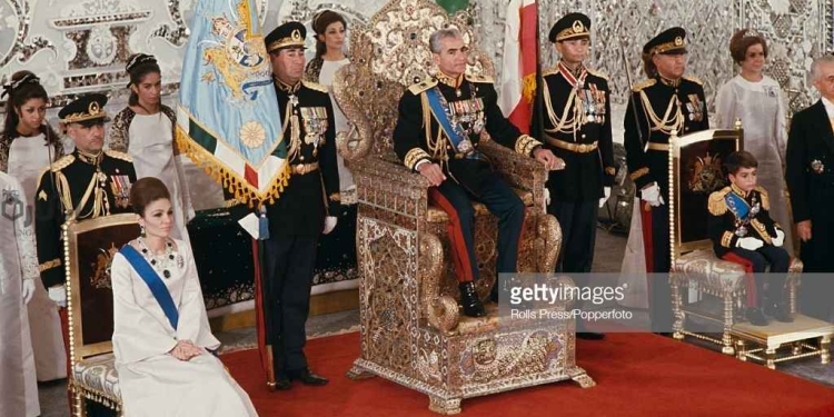 View of the coronation of Mohammad Reza Pahlavi (1919-1980) as Shah of Iran with Queen Farah Pahlavi on left and Reza Pahlavi, Crown Prince of Iran on right, in Tehran, Iran on 26th October 1967. (Photo by Rolls Press/Popperfoto/Getty Images)
