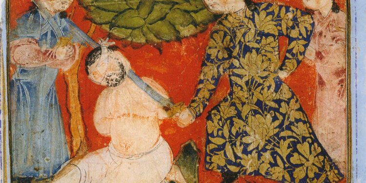 اعدام افراسیاب به دست کی‌خسرو، (طراح مشخص نیست)، قرن 14، اصفهان، محل نگهداری موزه Staatsbibliothek برلین